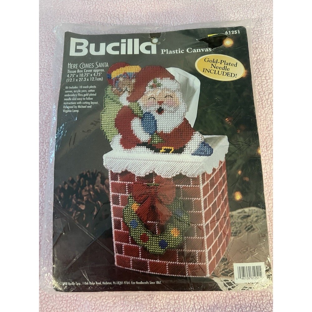 Bucilla Here Comes Santa Tissue Box Cover Plastic Canvas Kit Christmas 61251